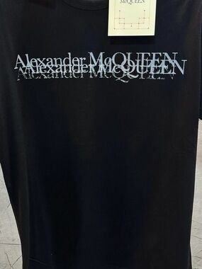 Alexander McQueen Black T-Shirt with Distressed White Logo men small